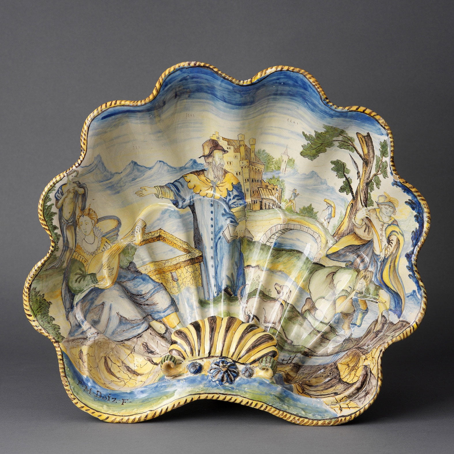 Francesco Maria Doiz (Urbino, 1707 - Urbania, 1777), Courteous Scene, circa 1725, polychrome majolica barber's bowl